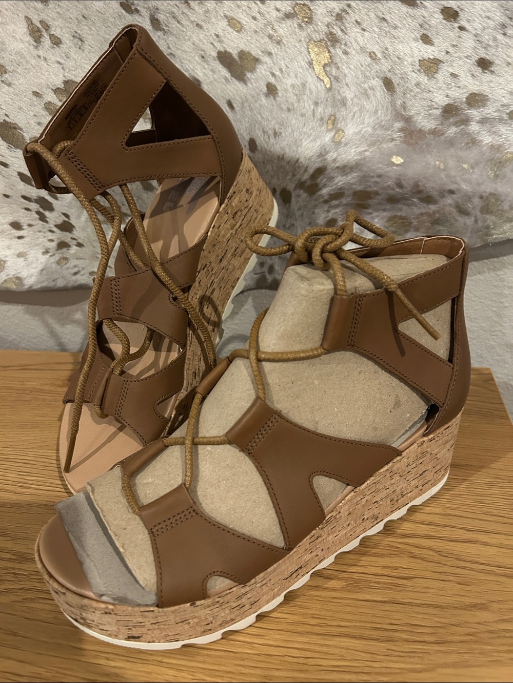 Sorel Cameron Brown Cork Platform Lace-Up Wedge Sandals